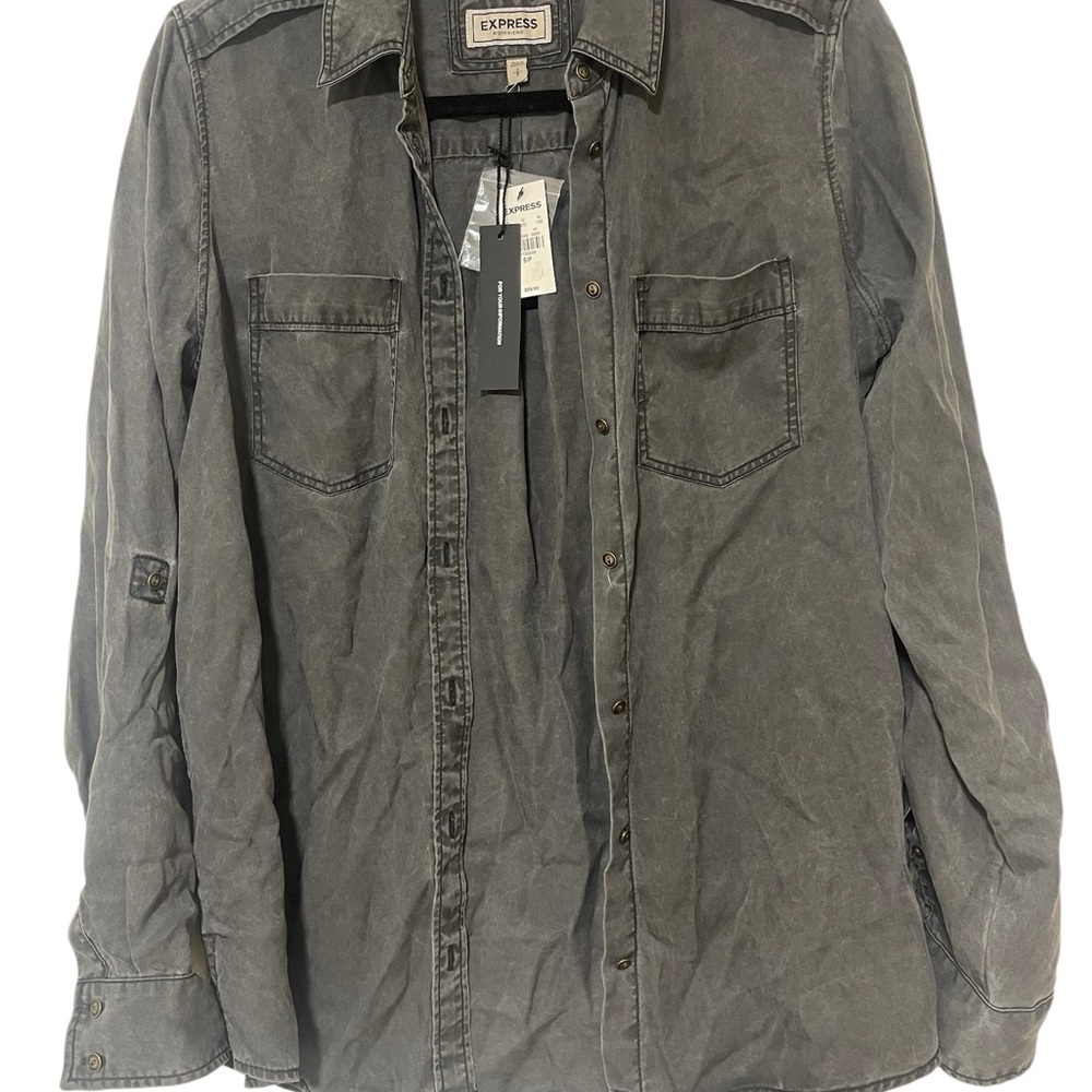 NWT Express Charcoal Casual Boyfriend Button Down Shirt (Size Small)